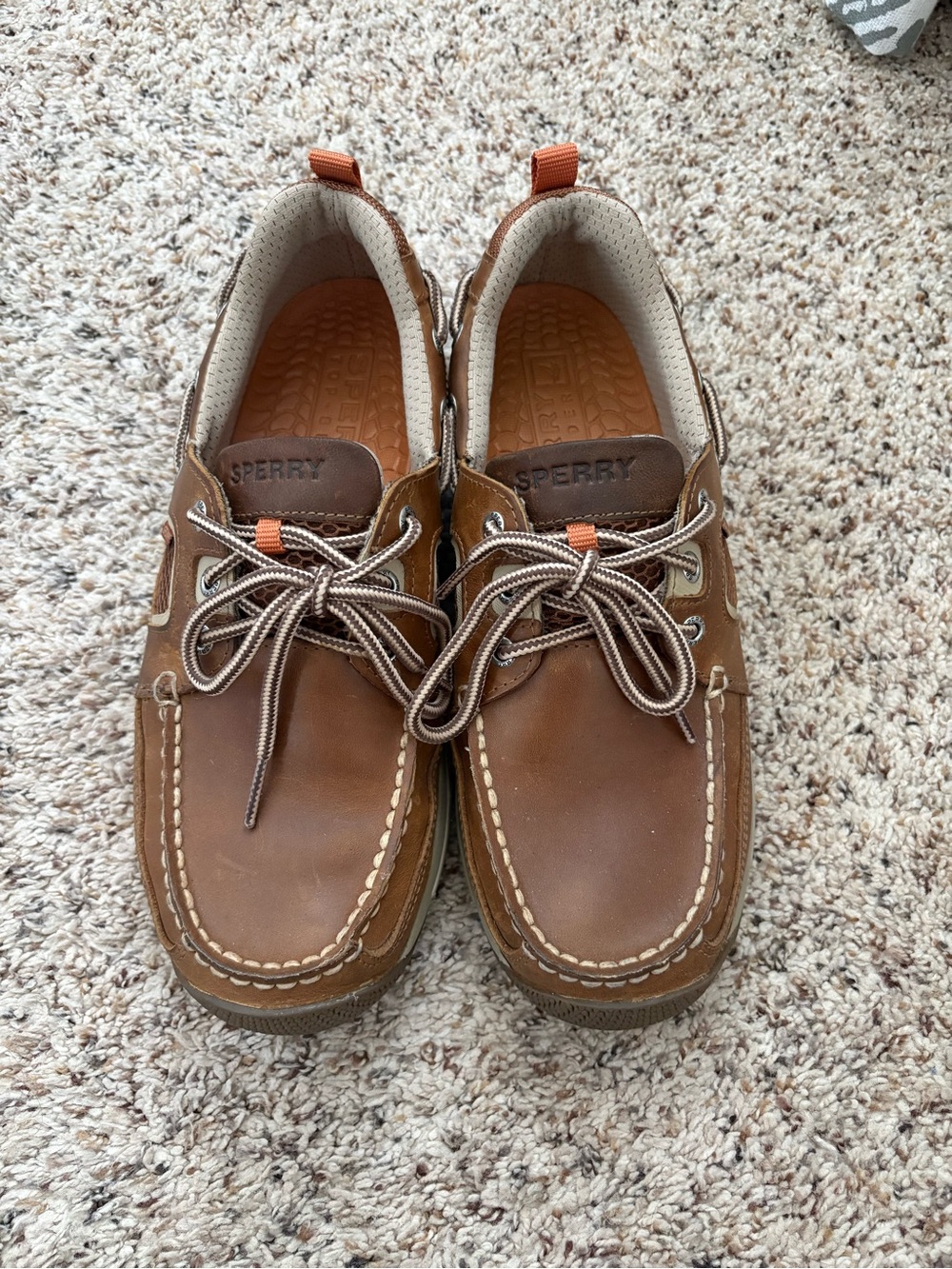 Sperry Men's Chestnut Brown Leather Boat Shoes with Orange Accents